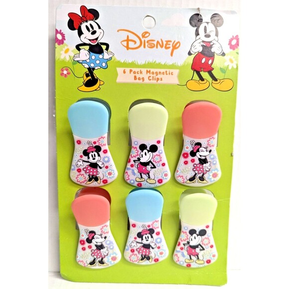 Disney Mickey Minnie Foral Magnetic Bag Clips Multicolor Set of 6 Cartoon Gift - Picture 1 of 4